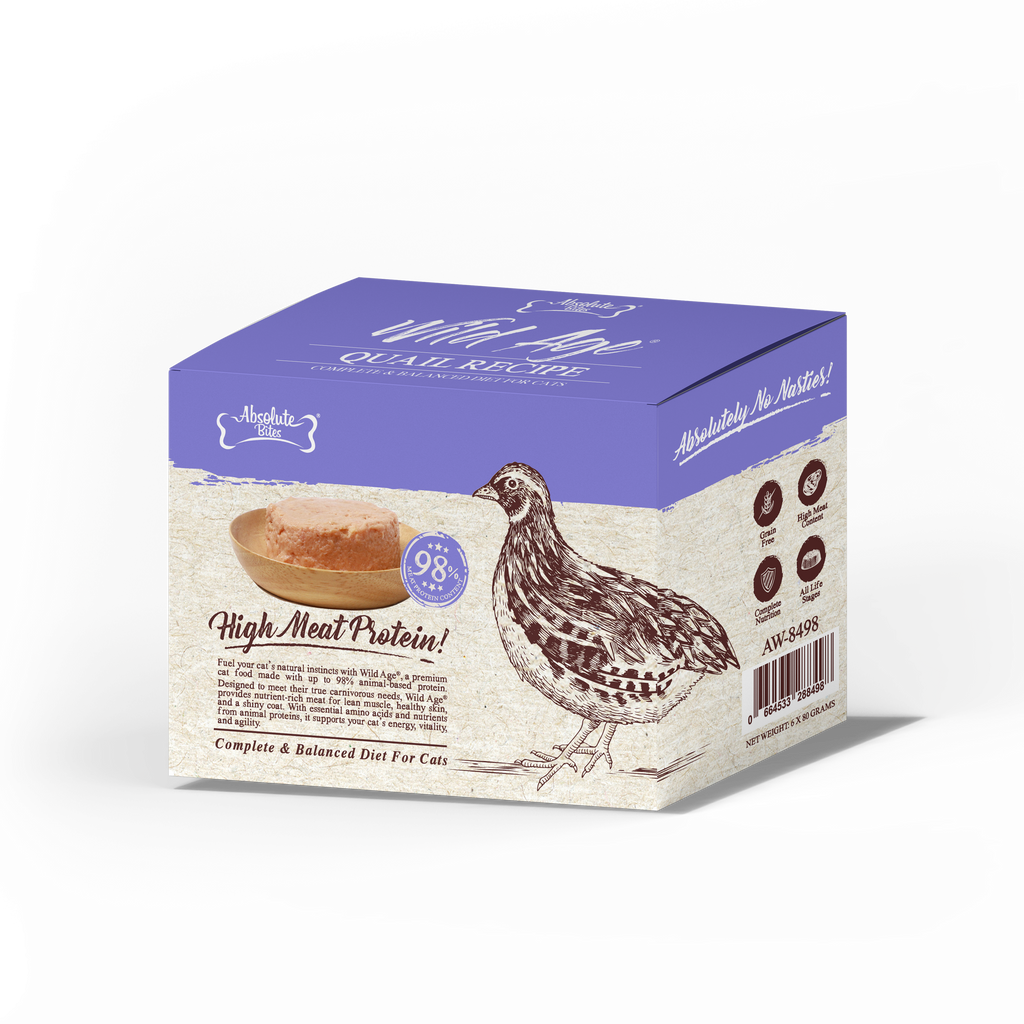 Absolute Bites Wild Age Complete & Balanced Diet Canned Food for Cats - Quail Recipe (80g) | Box of 6.