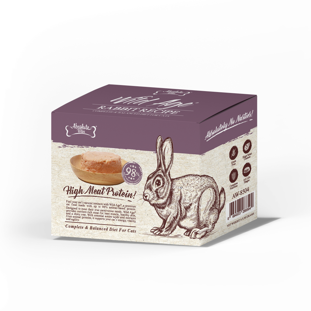 Absolute Bites Wild Age Complete & Balanced Diet Canned Food for Cats - Rabbit Recipe (80g) | Box of 6.