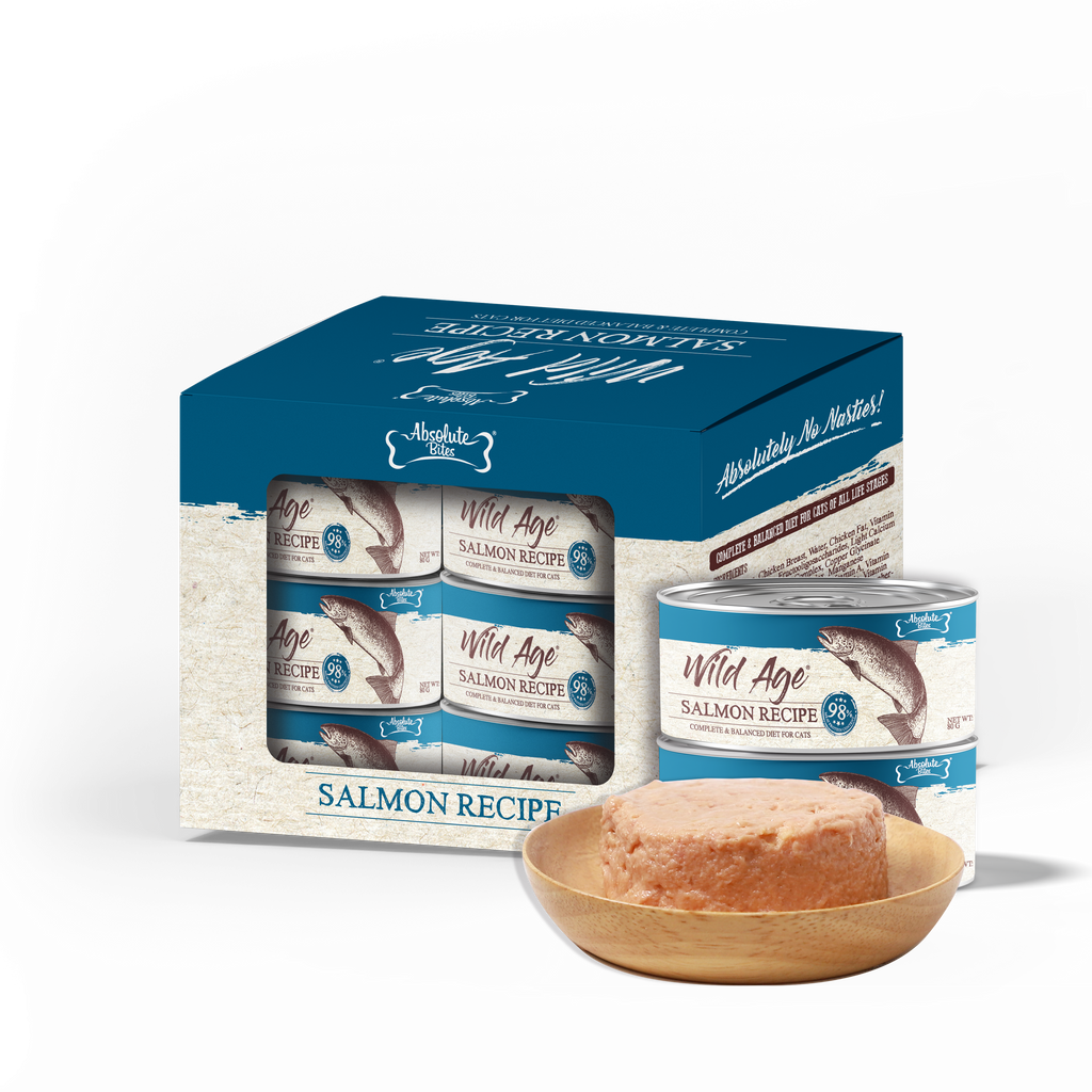 Absolute Bites Wild Age Complete & Balanced Diet Canned Food for Cats - Salmon Recipe (80g) | Box of 6.