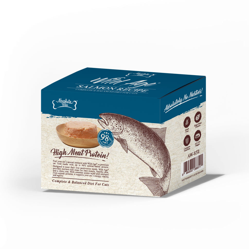 Absolute Bites Wild Age Complete & Balanced Diet Canned Food for Cats - Salmon Recipe (80g) | Box of 6.