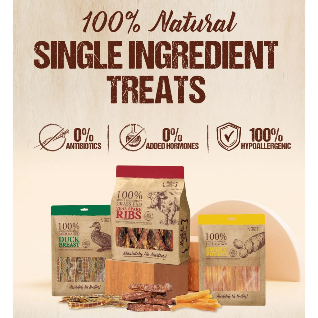Dog treat packages with '100% Natural Single Ingredient Treats' text and icons on a beige background.