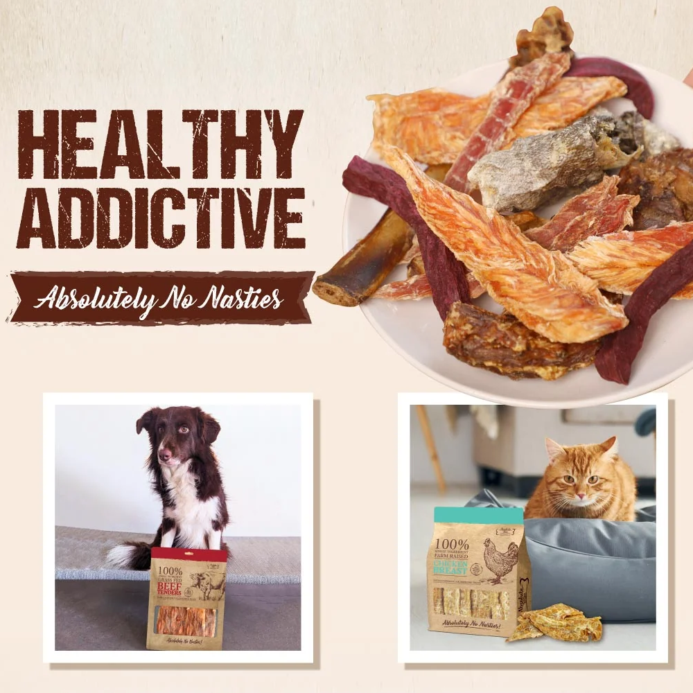 Dog and cat treats with text 'Healthy Addictive Absolutely No Nasties' on a beige background.