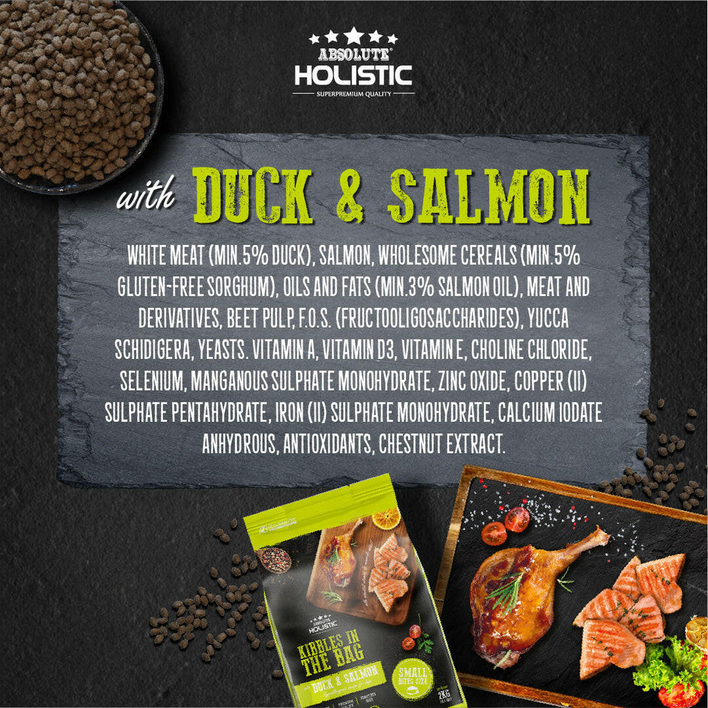 Absolute Holistic Kibbles In The Bag Hypoallergenic Recipe Small Bites Dog Dry Food - Duck & Salmon (12kg).