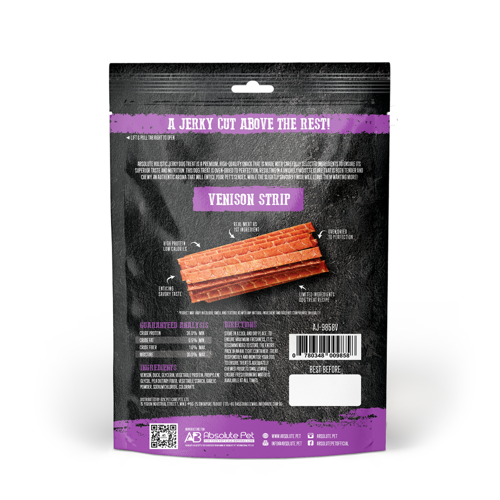 Absolute Holistic Grain Free Treats for Dog - Venison Jerky Loin Strip (100g).