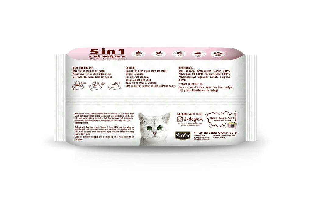 Kit Cat 5 in 1 Cat Wipes - Unscented (80pcs) | Paraben & Alcohol Free.