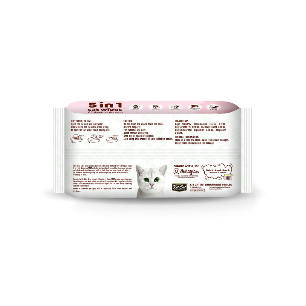 [CTN OF 12] Kit Cat 5 in 1 Cat Wipes - Unscented (12x80pcs) | Paraben & Alcohol Free.