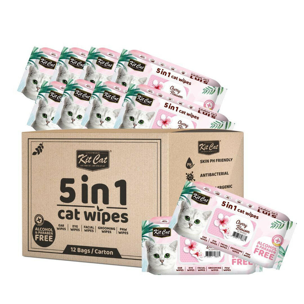 [CTN OF 12] Kit Cat 5 in 1 Cat Wipes - Cherry Blossom (12x80pcs) | Paraben & Alcohol Free.