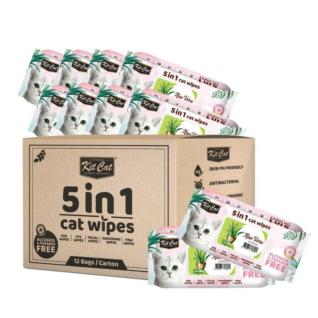 [CTN OF 12] Kit Cat 5 in 1 Cat Wipes - Aloe Vera (12x80pcs) | Paraben & Alcohol Free.