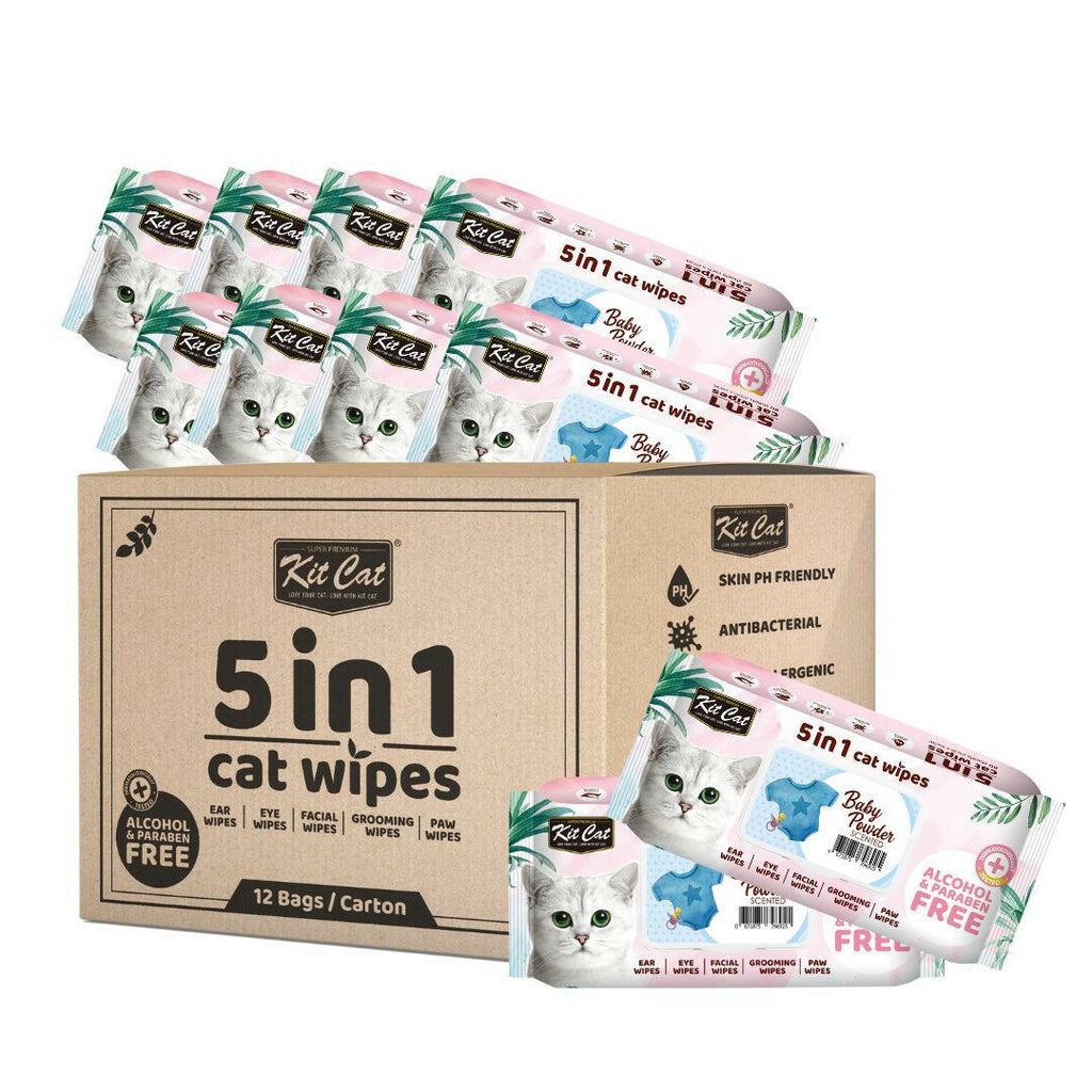 [CTN OF 12] Kit Cat 5 in 1 Cat Wipes - Baby Powder (12x80pcs) | Paraben & Alcohol Free.