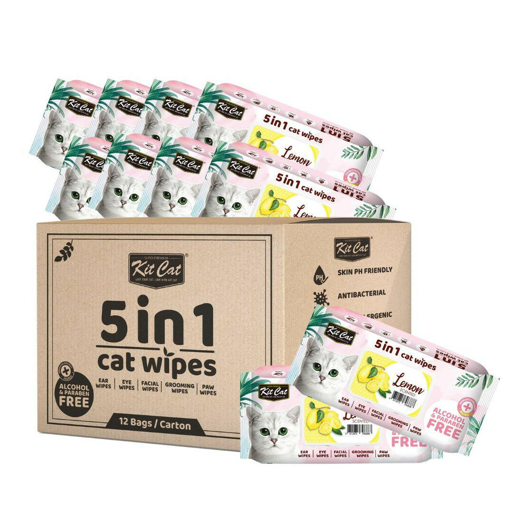 [CTN OF 12] Kit Cat 5 in 1 Cat Wipes - Lemon (12x80pcs) | Paraben & Alcohol Free.