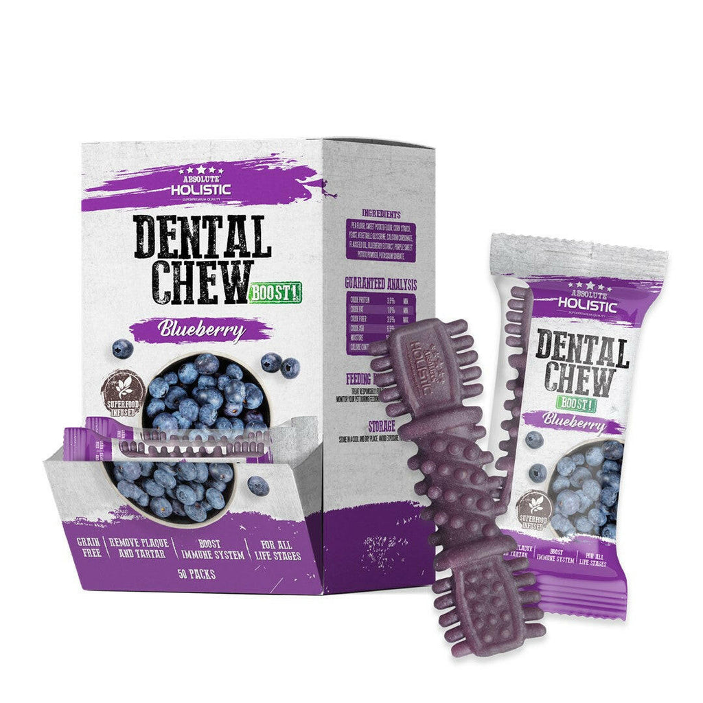 [CTN OF 50] Absolute Holistic BOOST Dental Chew for Dogs - Blueberry (4") | Infused with Superfood.