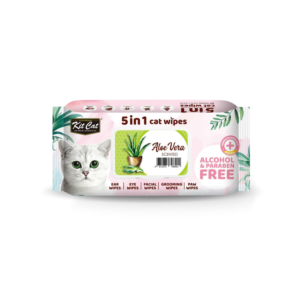 [CTN OF 12] Kit Cat 5 in 1 Cat Wipes - Aloe Vera (12x80pcs) | Paraben & Alcohol Free.