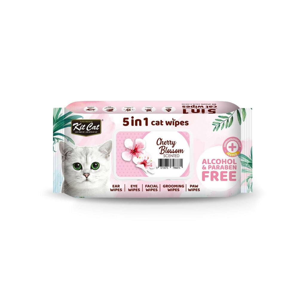 [CTN OF 12] Kit Cat 5 in 1 Cat Wipes - Cherry Blossom (12x80pcs) | Paraben & Alcohol Free.
