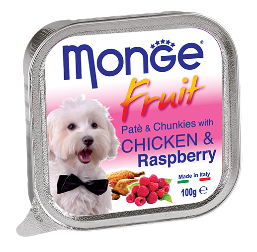 [CTN OF 32] Monge Fruits Pate & Chunkies Wet Dog Food - Chicken & Raspberry (100g).