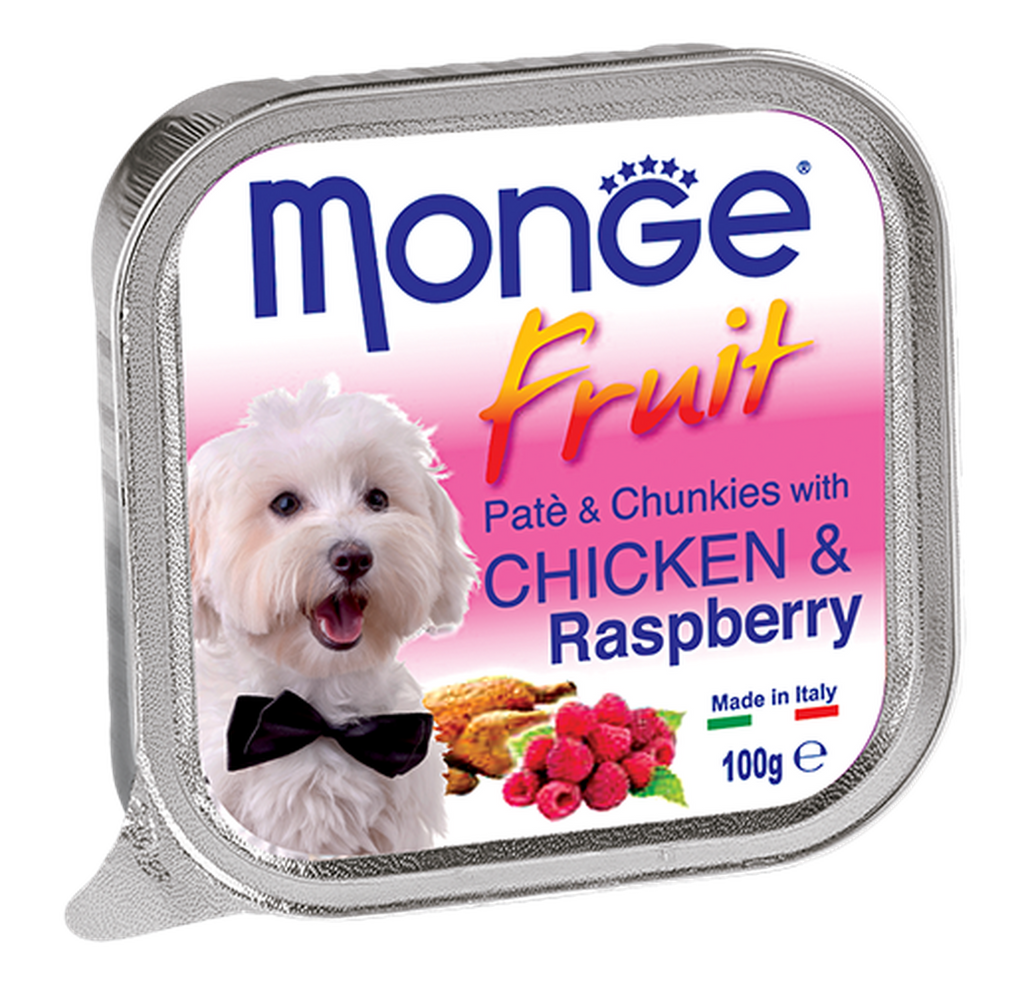 Monge Fruits Pate & Chunkies Wet Dog Food - Chicken & Raspberry (100g).