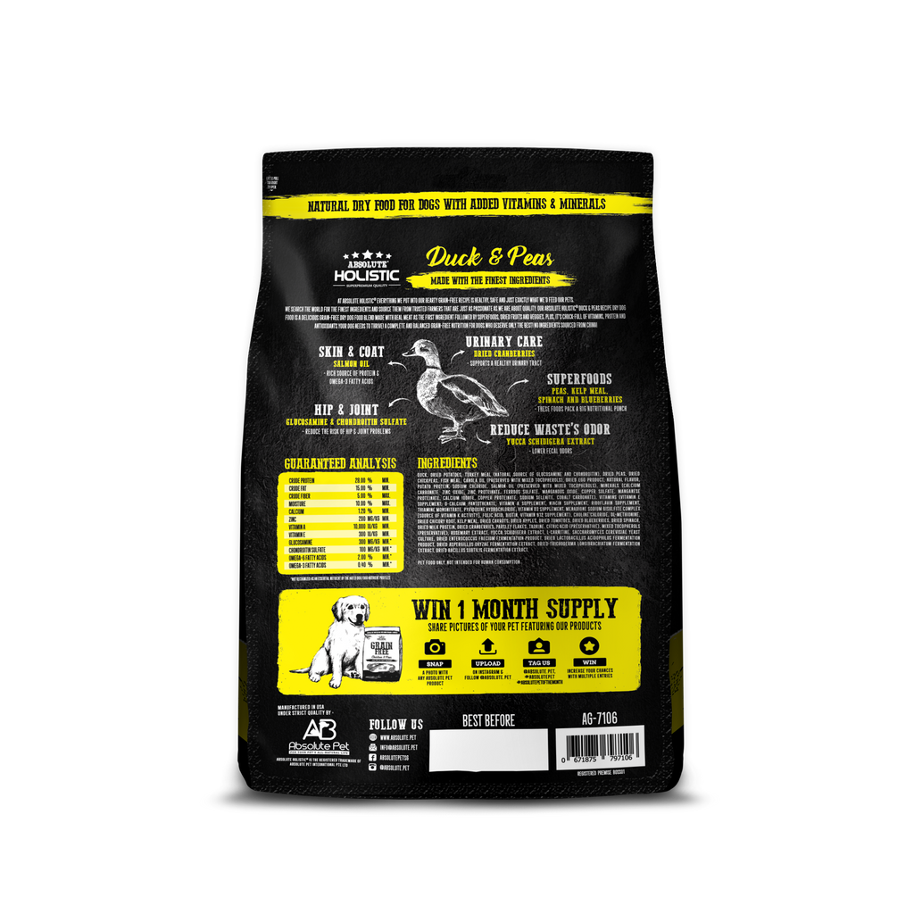 Absolute Holistic Grain Free Dry Dog Food -  Duck & Peas (3.3lbs).