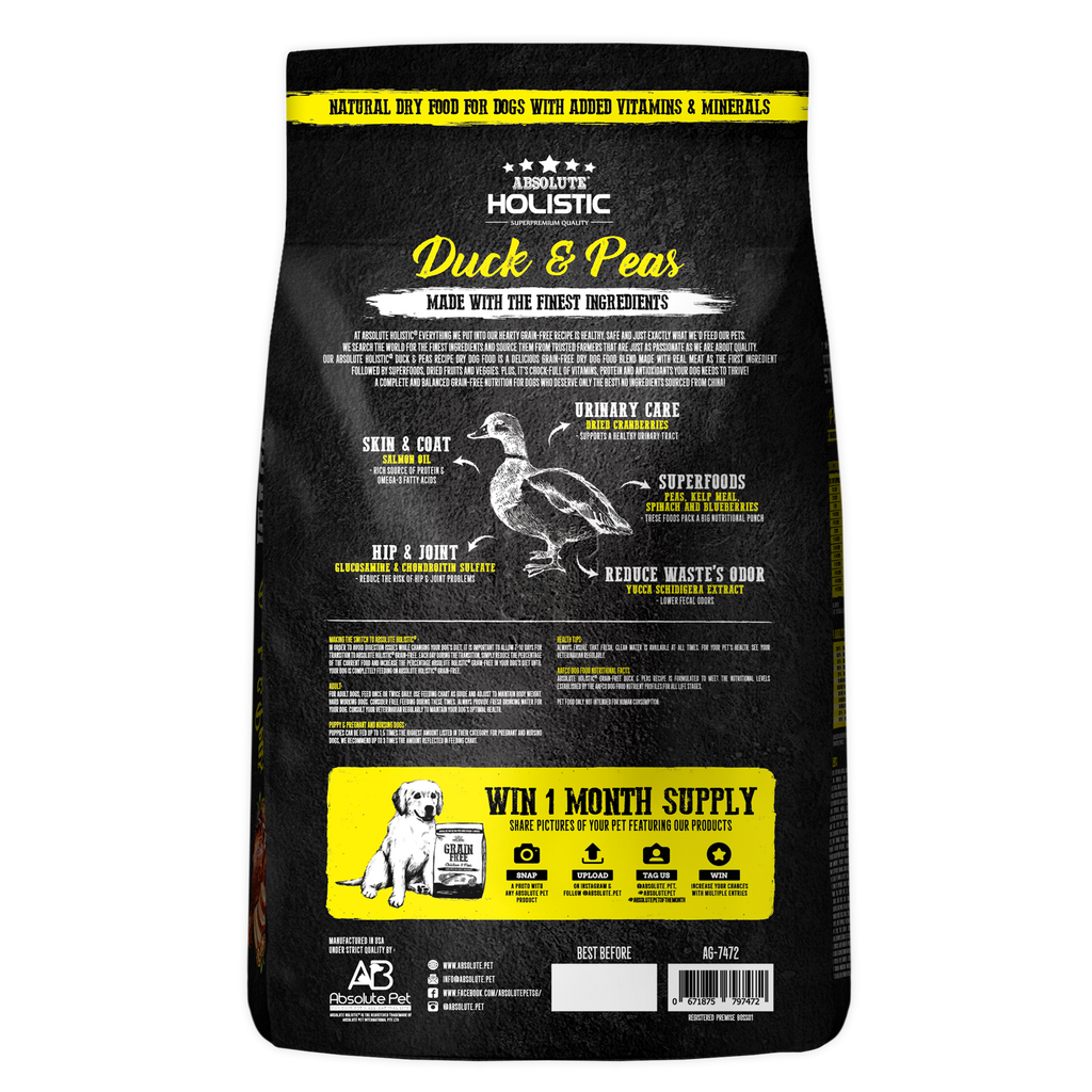 Absolute Holistic Grain Free Dry Dog Food - Duck & Peas (22lbs).