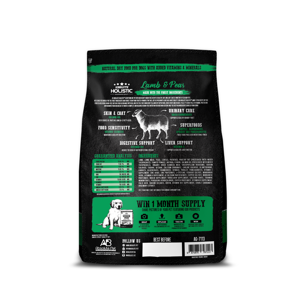 Absolute Holistic Grain Free Dry Dog Food -  Lamb & Peas (3.3lbs).