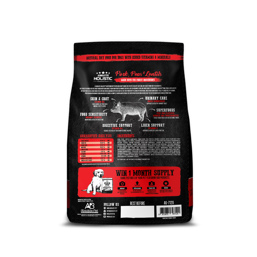 Absolute Holistic Grain Free Dry Dog Food - Pork & Peas (3.3lbs).