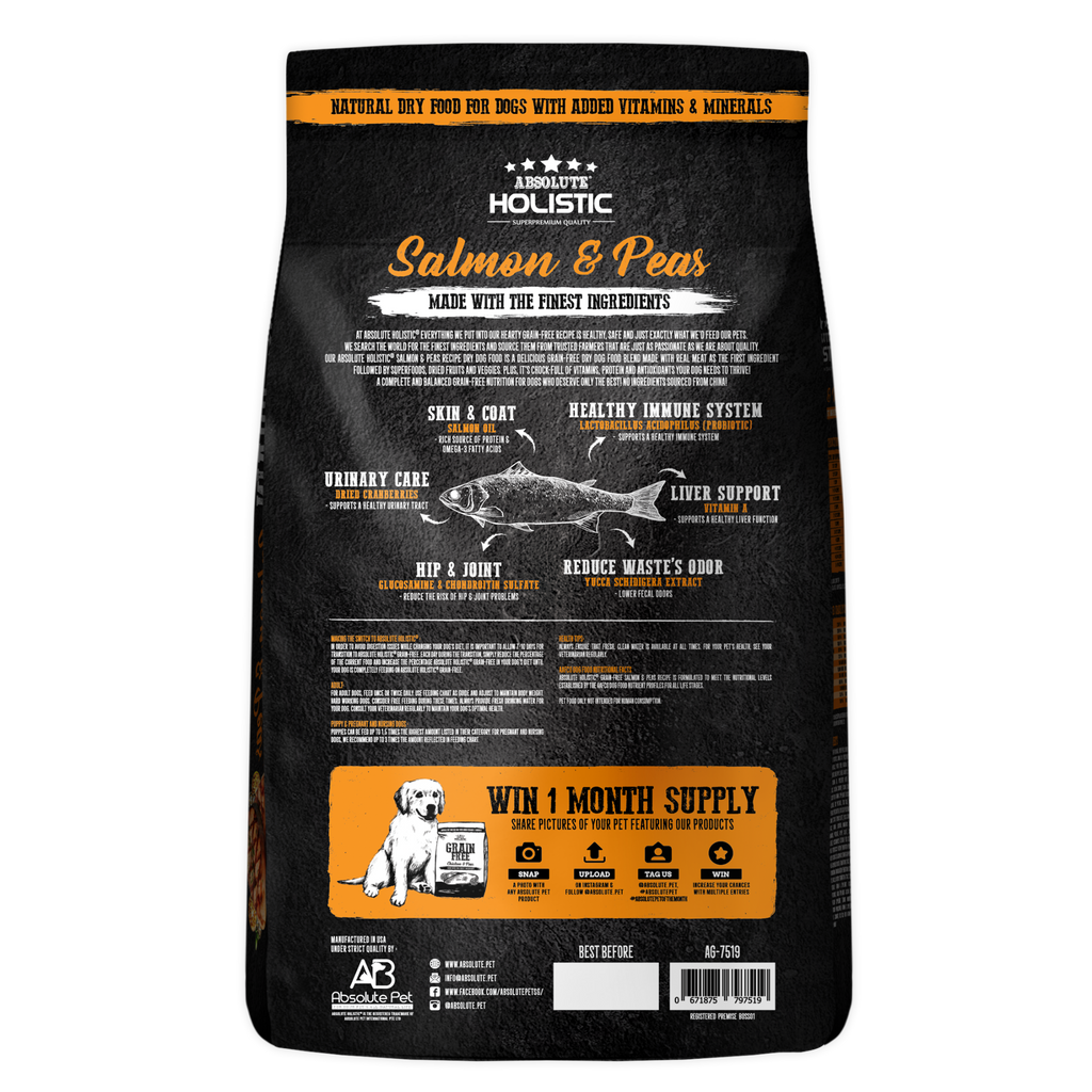 Absolute Holistic Grain Free Dry Dog Food -  Salmon & Peas (22lbs).