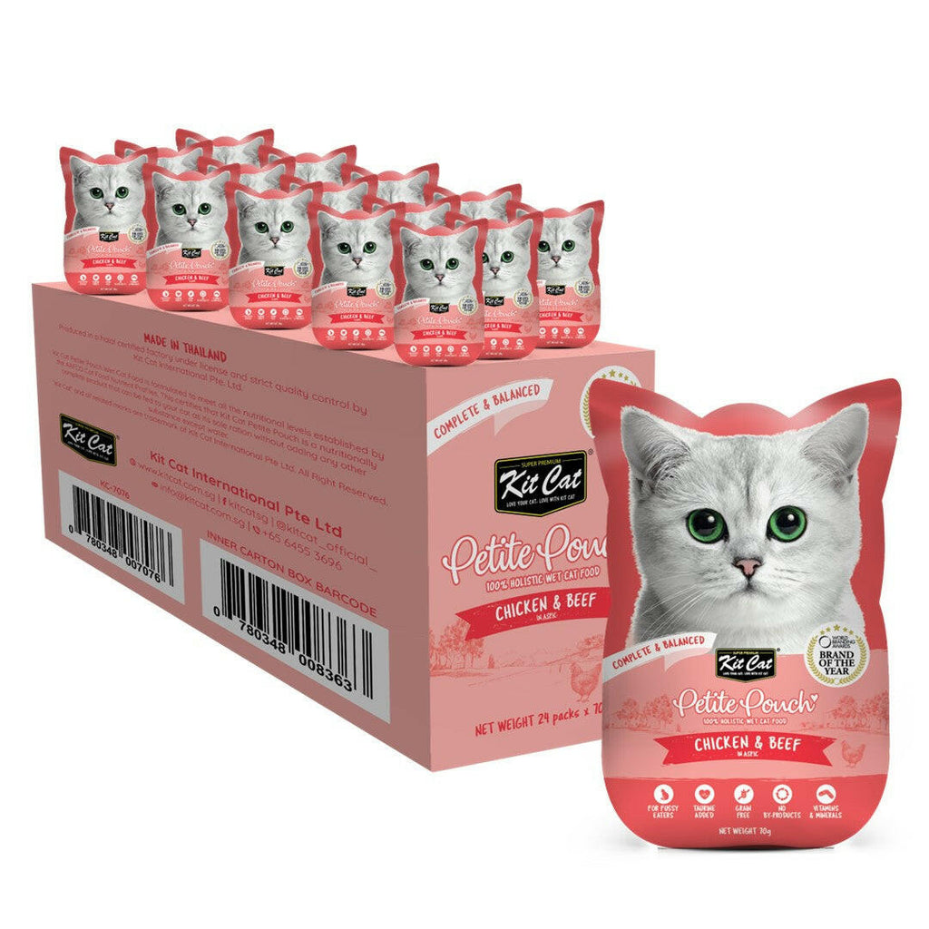 [CTN OF 24] Kit Cat Petite Pouch Complete & Balanced Wet Cat Food - Chicken & Beef in Aspic (70g).