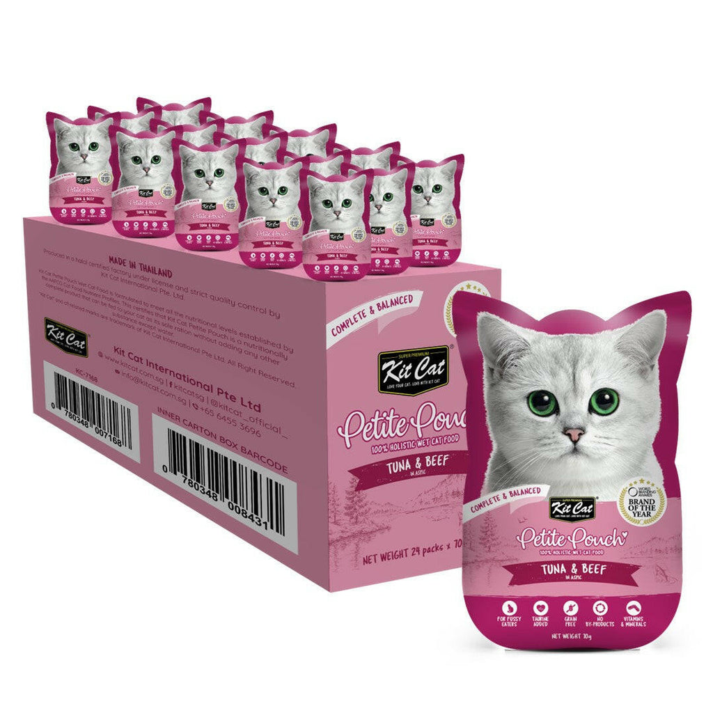 [CTN OF 24] Kit Cat Petite Pouch Complete & Balanced Wet Cat Food - Tuna & Beef in Aspic (70g).