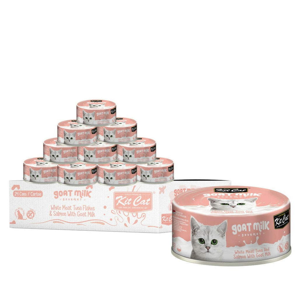 [CTN OF 24] Kit Cat Goat Milk Gourmet Canned Cat Food - Whitemeat Tuna Flakes & Salmon (70g).