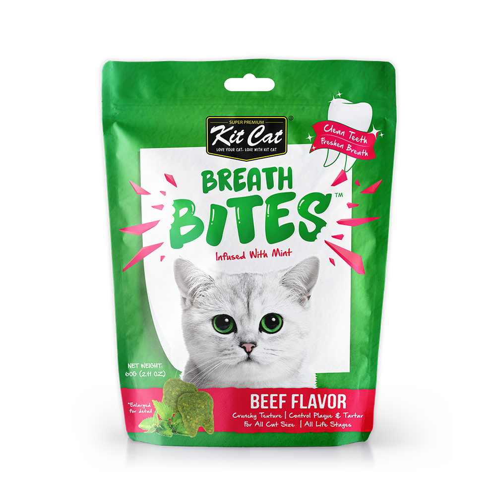 [CTN of 12] Kit Cat Breath Bites Dental Cat Treats - Beef (60g).