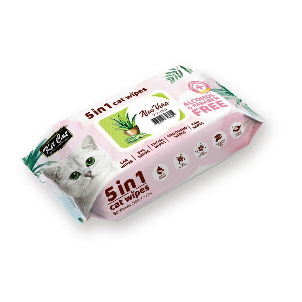 [CTN OF 12] Kit Cat 5 in 1 Cat Wipes - Aloe Vera (12x80pcs) | Paraben & Alcohol Free.