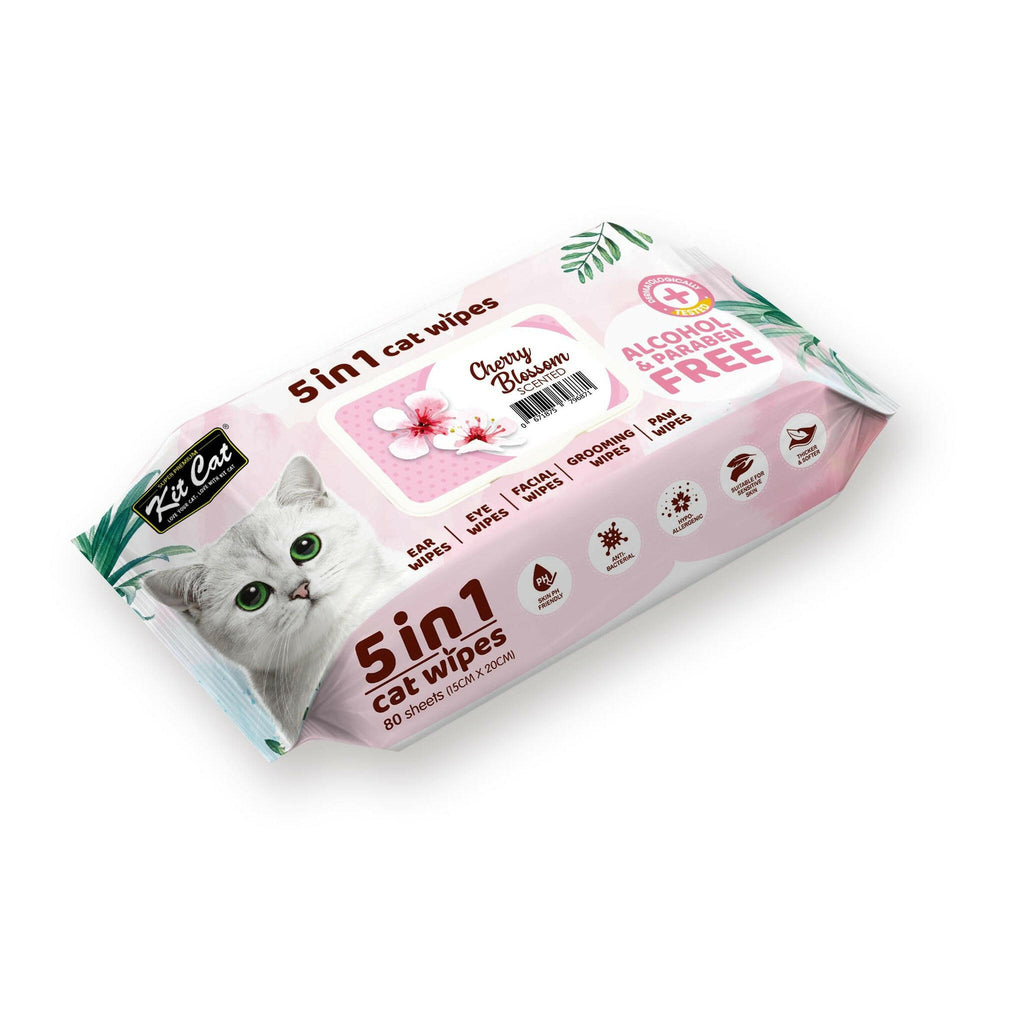 Kit Cat 5 in 1 Cat Wipes - Cherry Blossom (80pcs) | Paraben & Alcohol Free.