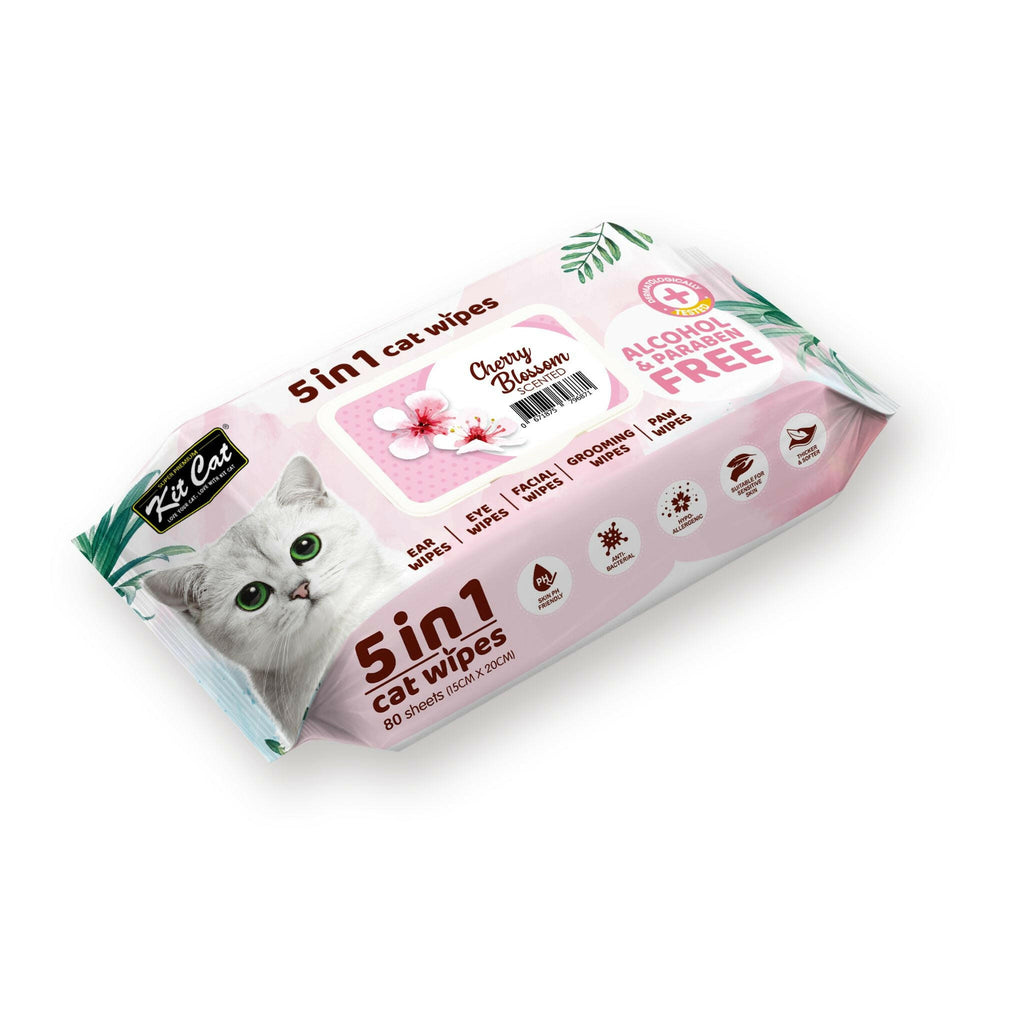[CTN OF 12] Kit Cat 5 in 1 Cat Wipes - Cherry Blossom (12x80pcs) | Paraben & Alcohol Free.