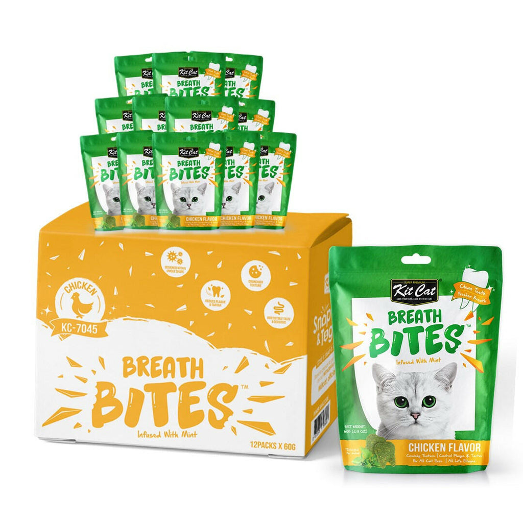 [CTN of 12] Kit Cat Breath Bites Dental Cat Treats - Chicken (60g).