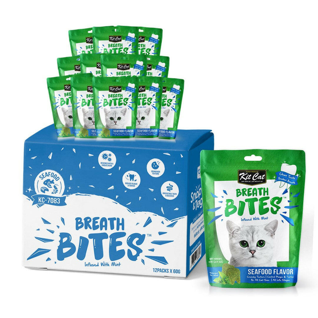 [CTN of 12] Kit Cat Breath Bites Dental Cat Treats - Seafood (60g).