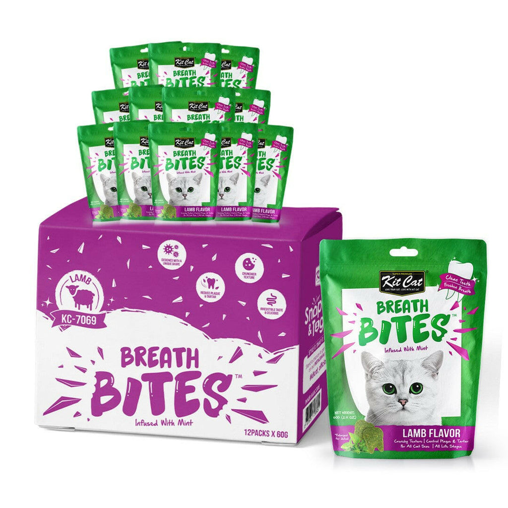 [CTN of 12] Kit Cat Breath Bites Dental Cat Treats - Lamb (60g).