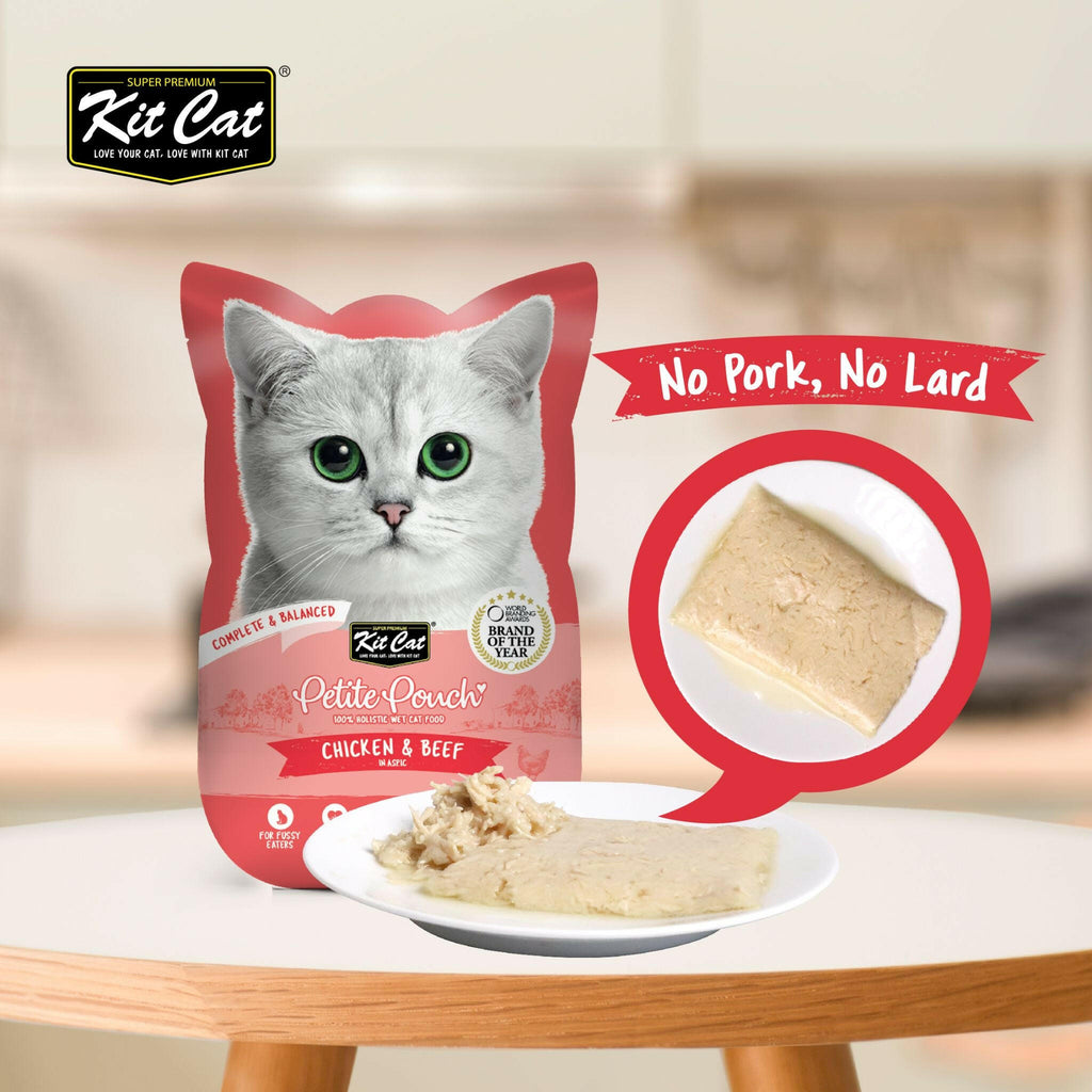 Kit Cat Petite Pouch Complete & Balanced Wet Cat Food - Chicken & Beef in Aspic (70g).