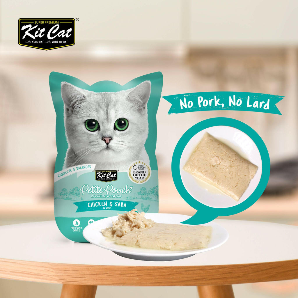 Kit Cat Petite Pouch Complete & Balanced Wet Cat Food - Chicken & Saba in Aspic (70g).