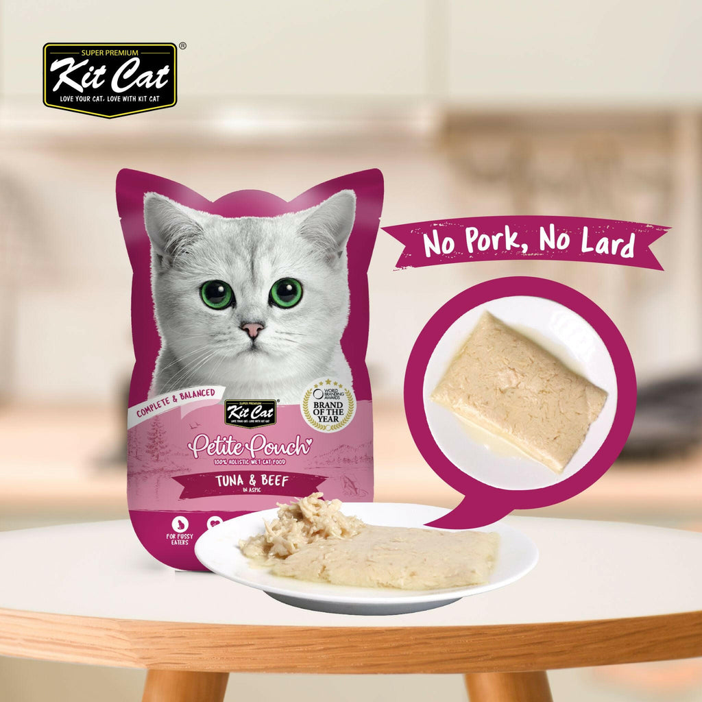 Kit Cat Petite Pouch Complete & Balanced Wet Cat Food - Tuna & Beef in Aspic (70g).