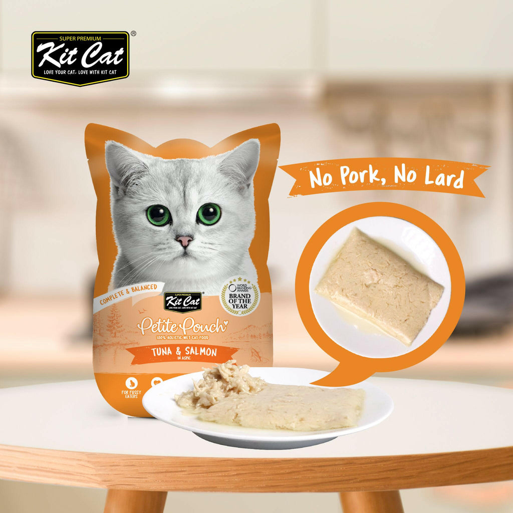Kit Cat Petite Pouch Complete & Balanced Wet Cat Food - Tuna & Salmon in Aspic (70g).