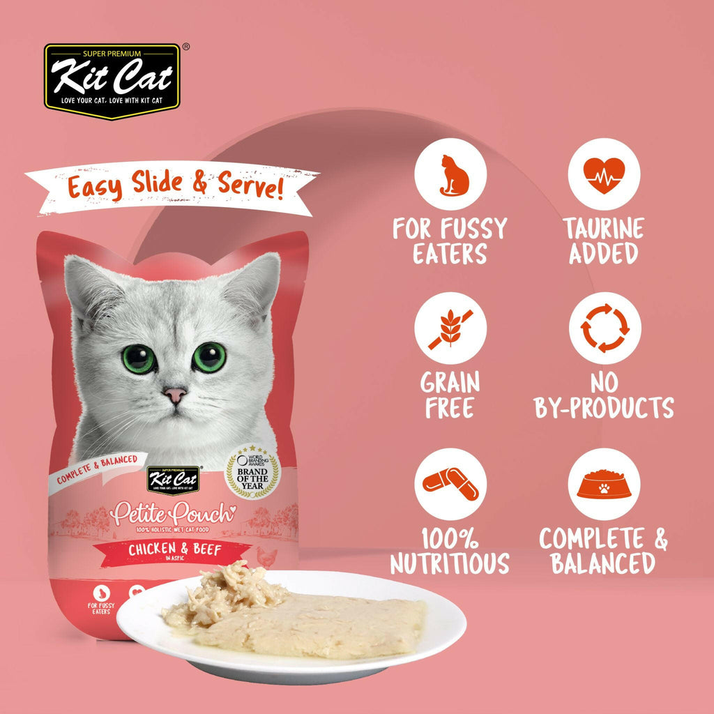 Kit Cat Petite Pouch Complete & Balanced Wet Cat Food - Chicken & Beef in Aspic (70g).