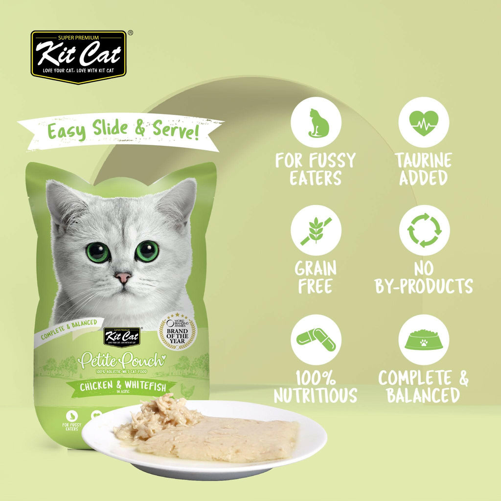 Kit Cat Petite Pouch Complete & Balanced Wet Cat Food - Chicken & Whitefish in Aspic (70g).