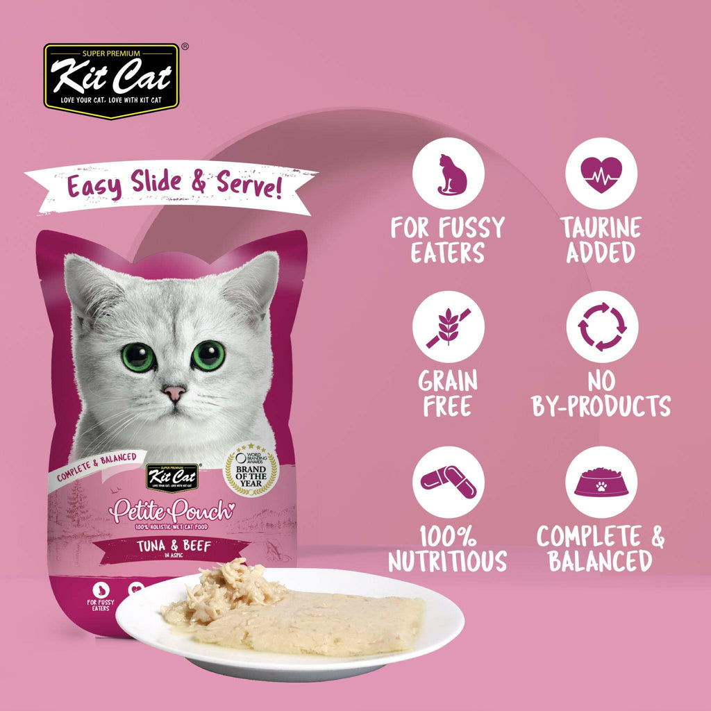 Kit Cat Petite Pouch Complete & Balanced Wet Cat Food - Tuna & Beef in Aspic (70g).