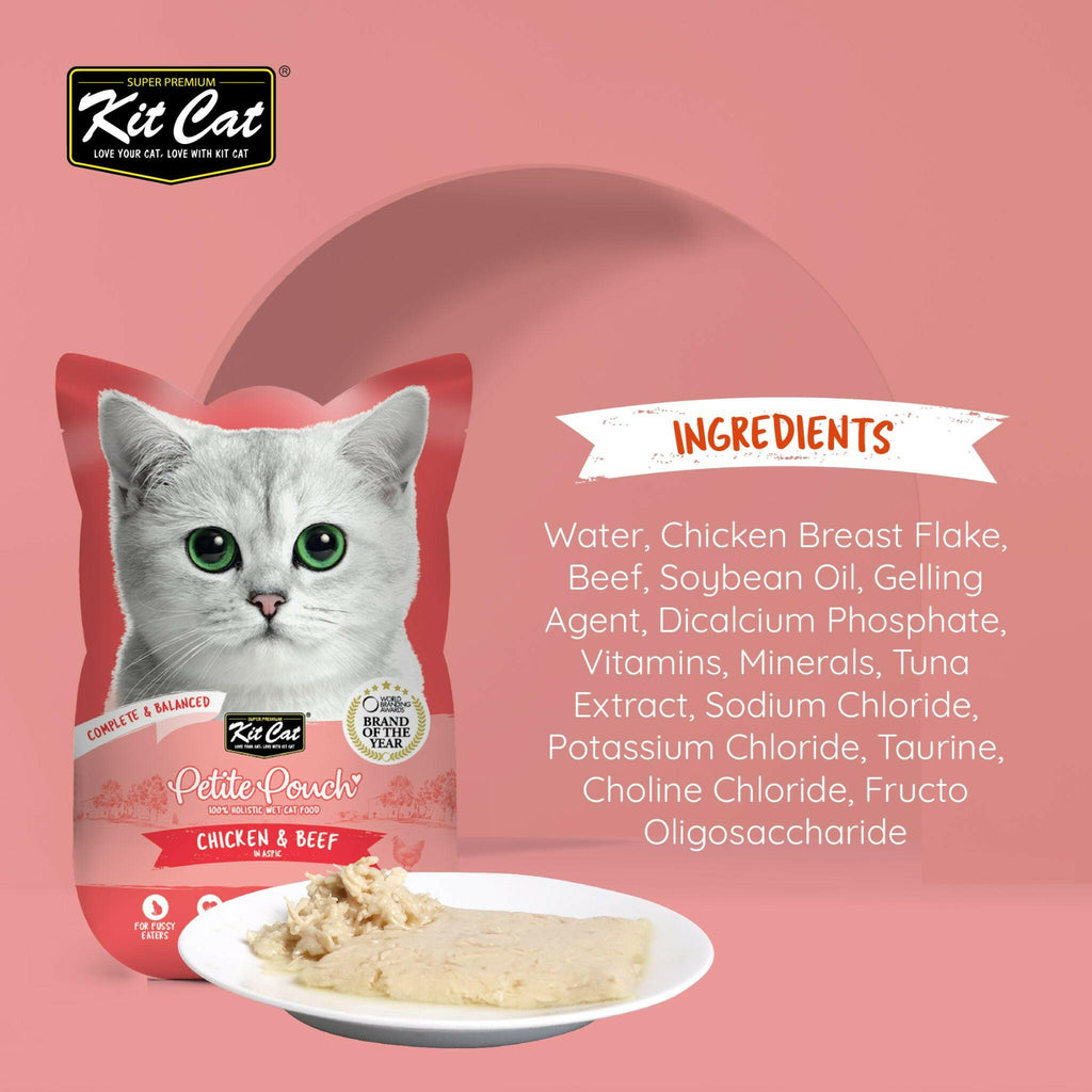 Kit Cat Petite Pouch Complete & Balanced Wet Cat Food - Chicken & Beef in Aspic (70g).