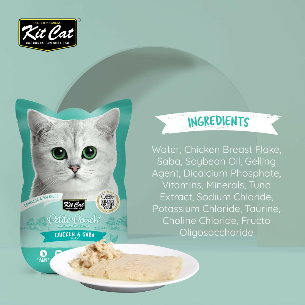 Kit Cat Petite Pouch Complete & Balanced Wet Cat Food - Chicken & Saba in Aspic (70g).