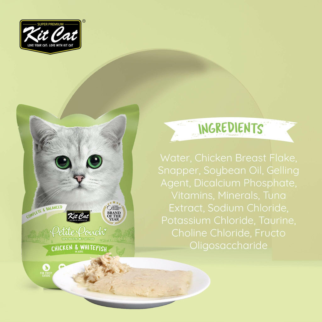 Kit Cat Petite Pouch Complete & Balanced Wet Cat Food - Chicken & Whitefish in Aspic (70g).