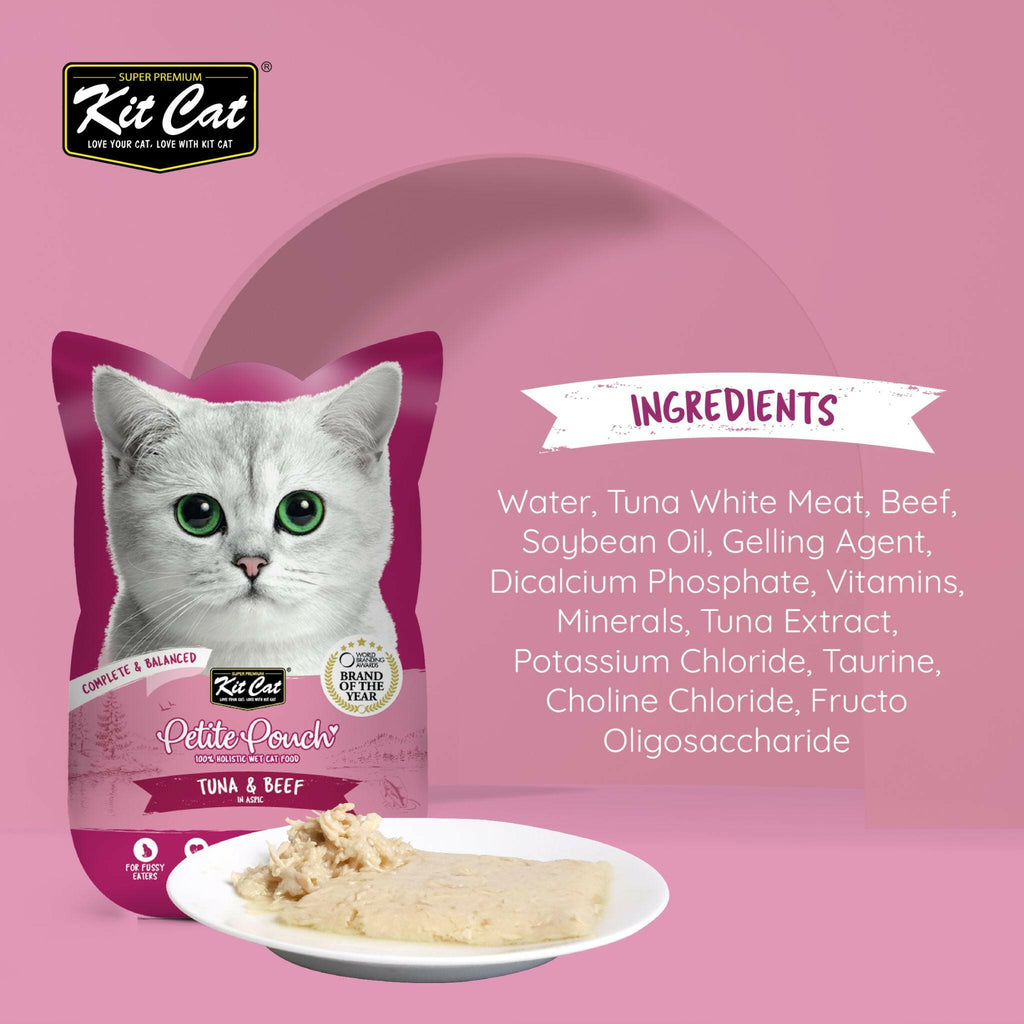 [CTN OF 24] Kit Cat Petite Pouch Complete & Balanced Wet Cat Food - Tuna & Beef in Aspic (70g).