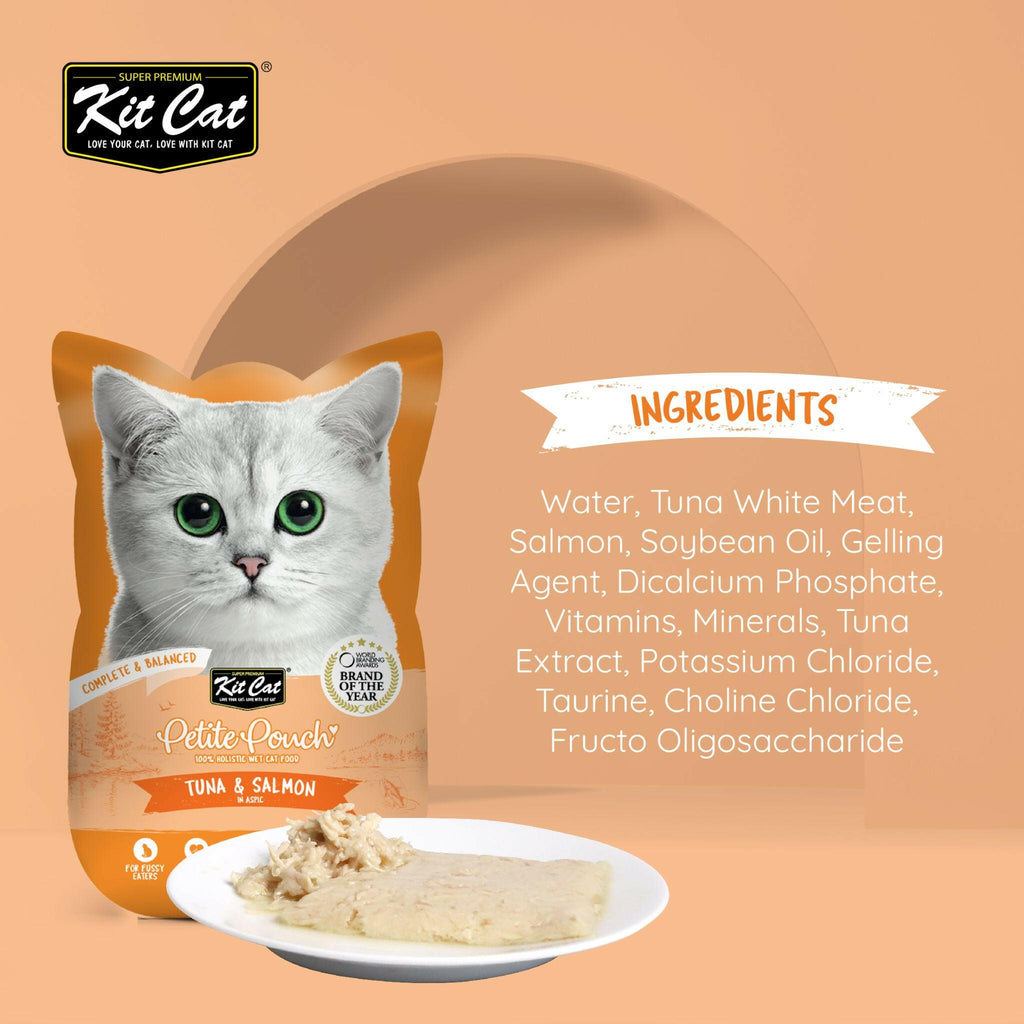 Kit Cat Petite Pouch Complete & Balanced Wet Cat Food - Tuna & Salmon in Aspic (70g).