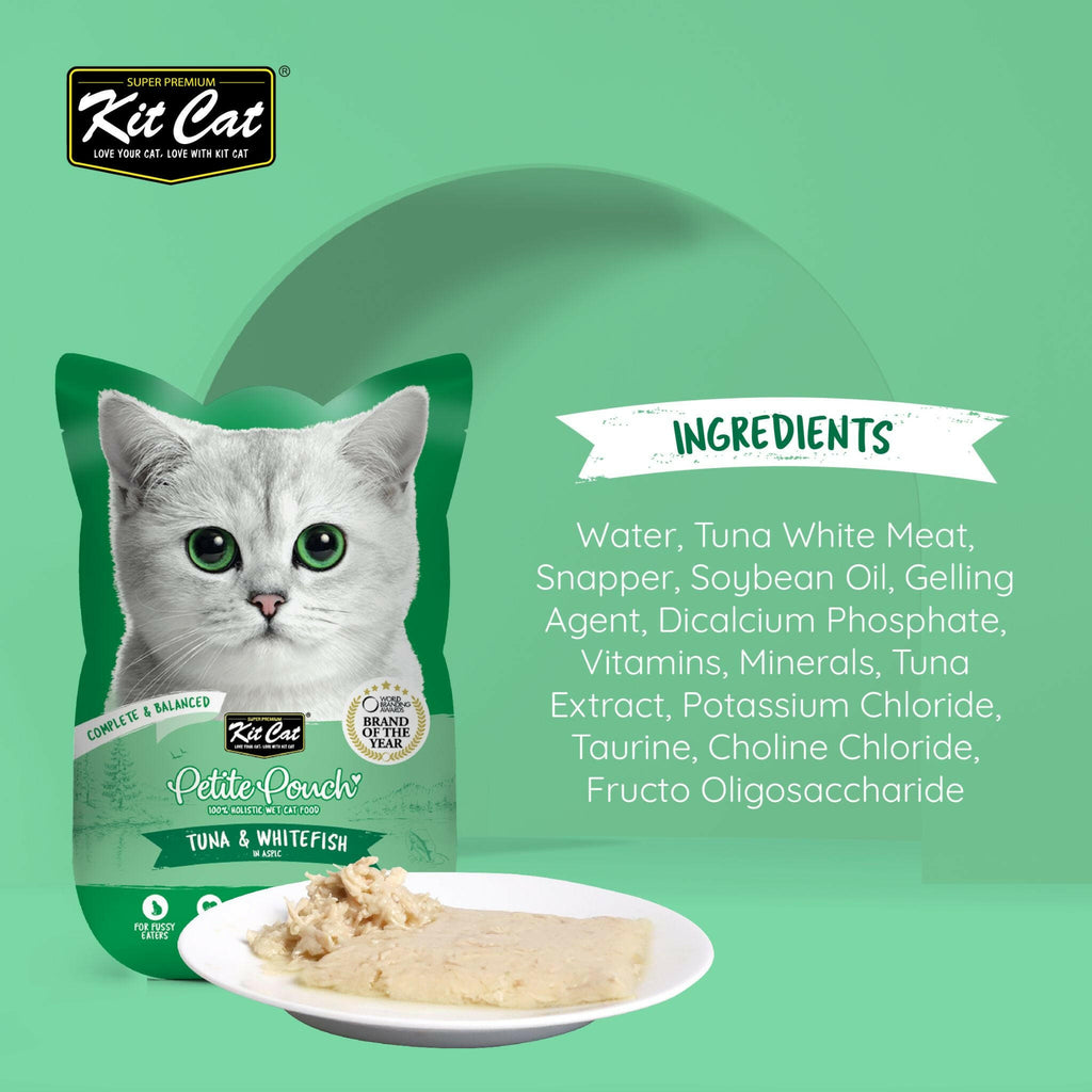 Kit Cat Petite Pouch Complete & Balanced Wet Cat Food - Tuna & Whitefish in Aspic (70g).