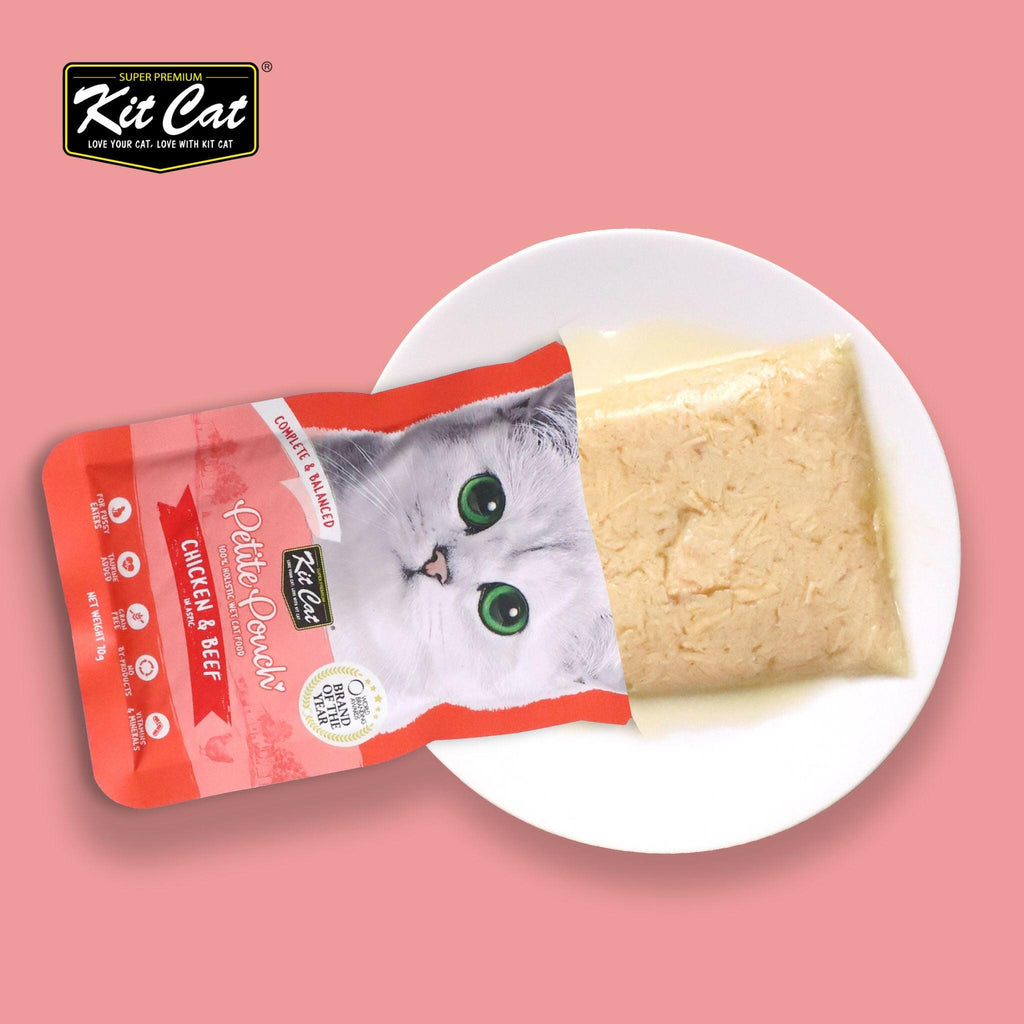 Kit Cat Petite Pouch Complete & Balanced Wet Cat Food - Chicken & Beef in Aspic (70g).