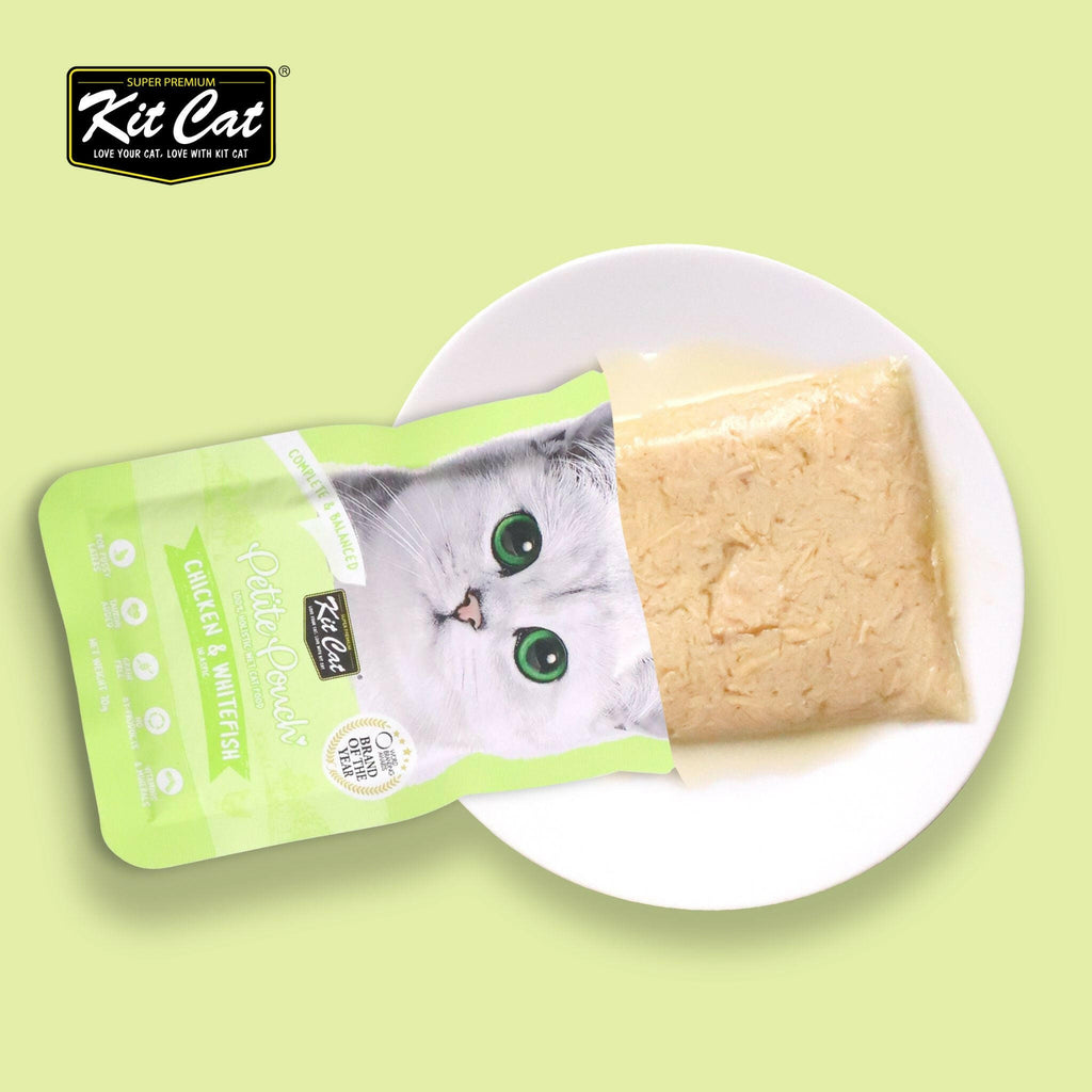 Kit Cat Petite Pouch Complete & Balanced Wet Cat Food - Chicken & Whitefish in Aspic (70g).