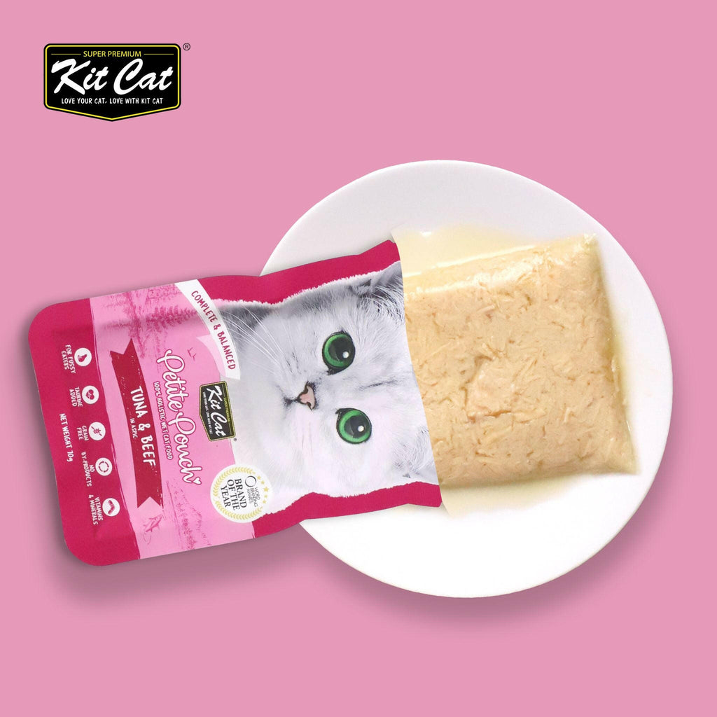 Kit Cat Petite Pouch Complete & Balanced Wet Cat Food - Tuna & Beef in Aspic (70g).